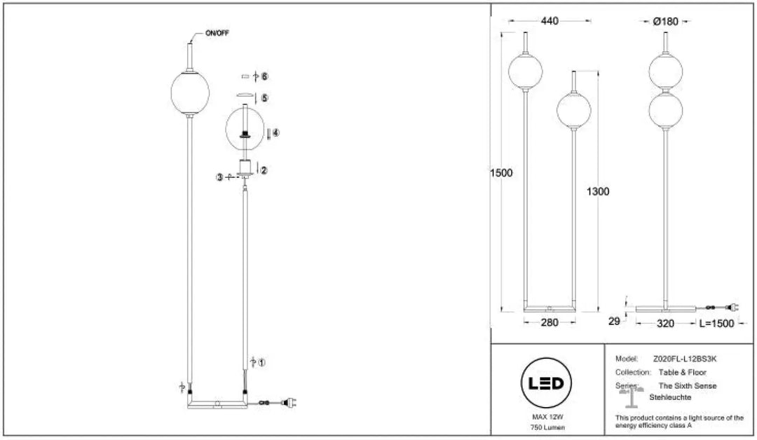 Lampadaire sixth sense avec deux globes en verre sphériques sur pied métallique élégant au design minimaliste