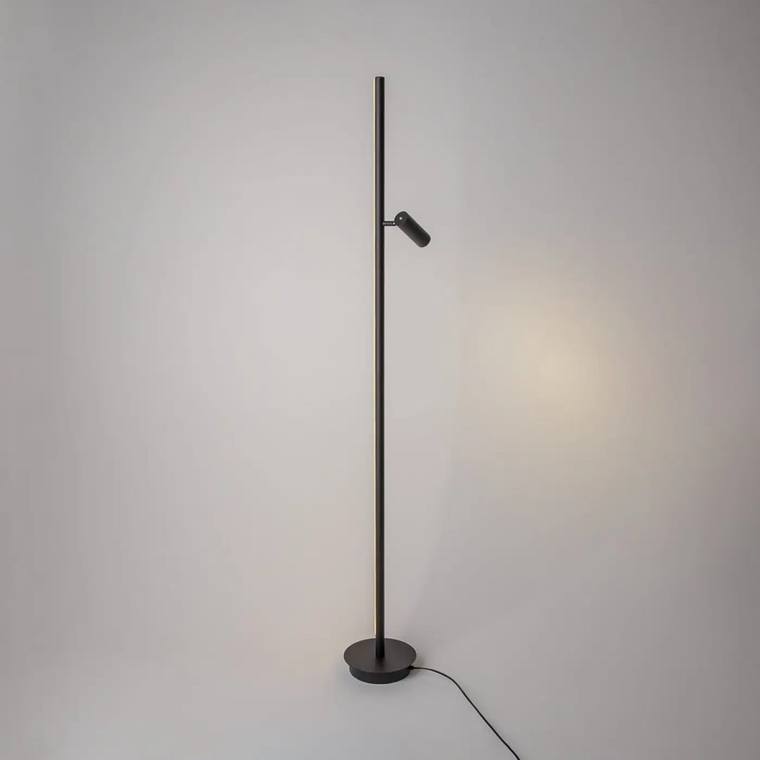 Lampadaire thin noir en métal avec un poteau mince et un spot led ajustable idéal d’un canapé