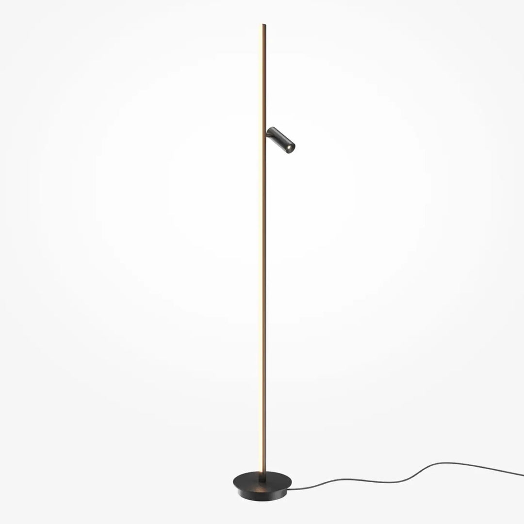 Lampadaire thin minimaliste avec poteau fin en laiton, socle noir circulaire et spot ajustable parfait près d’un canapé