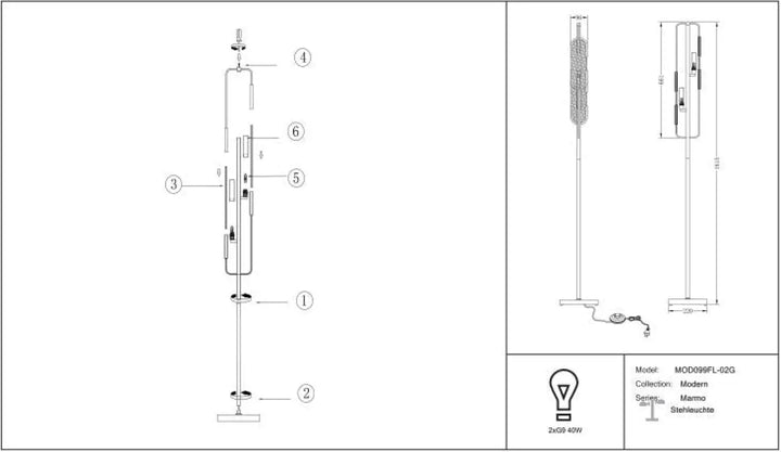 Lampadaire marmo avec pied doré et marbre blanc, abat-jour cylindrique et structure en métal élancée