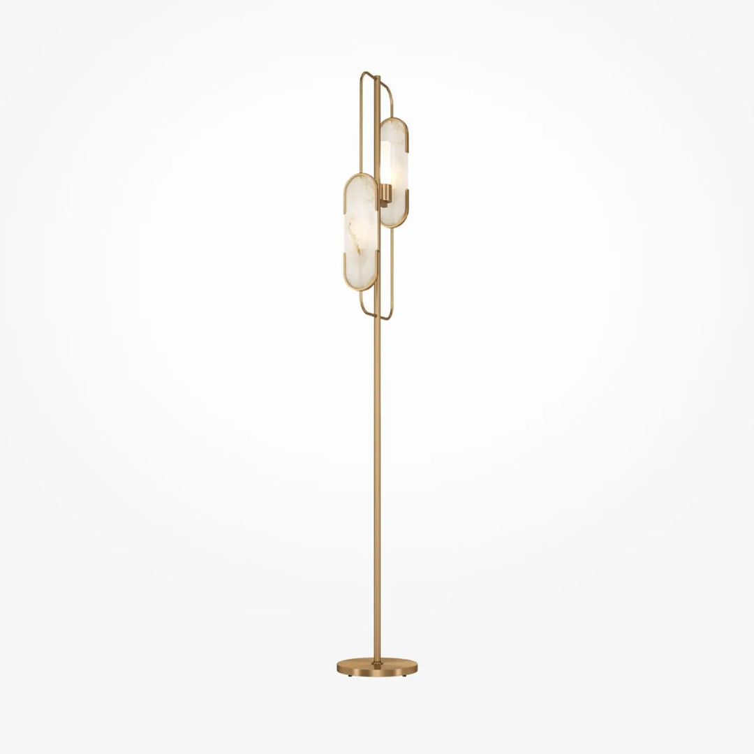 Lampadaire marmo pied doré avec deux abat-jours ovales en verre dépoli et finition laiton moderne