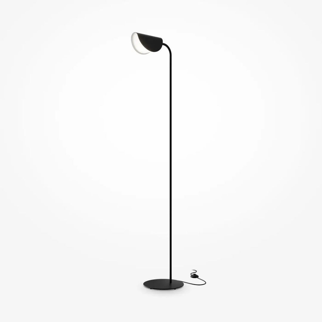 Lampadaire mollis en acier noir avec réflecteur feuille, cou flexible et base circulaire minimaliste