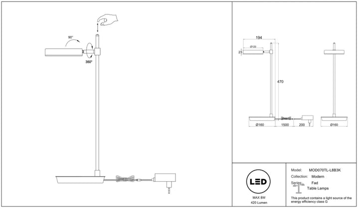 Lampadaire mollis en acier noir avec bras réglable et réflecteur feuille à led 420 lumens moderne