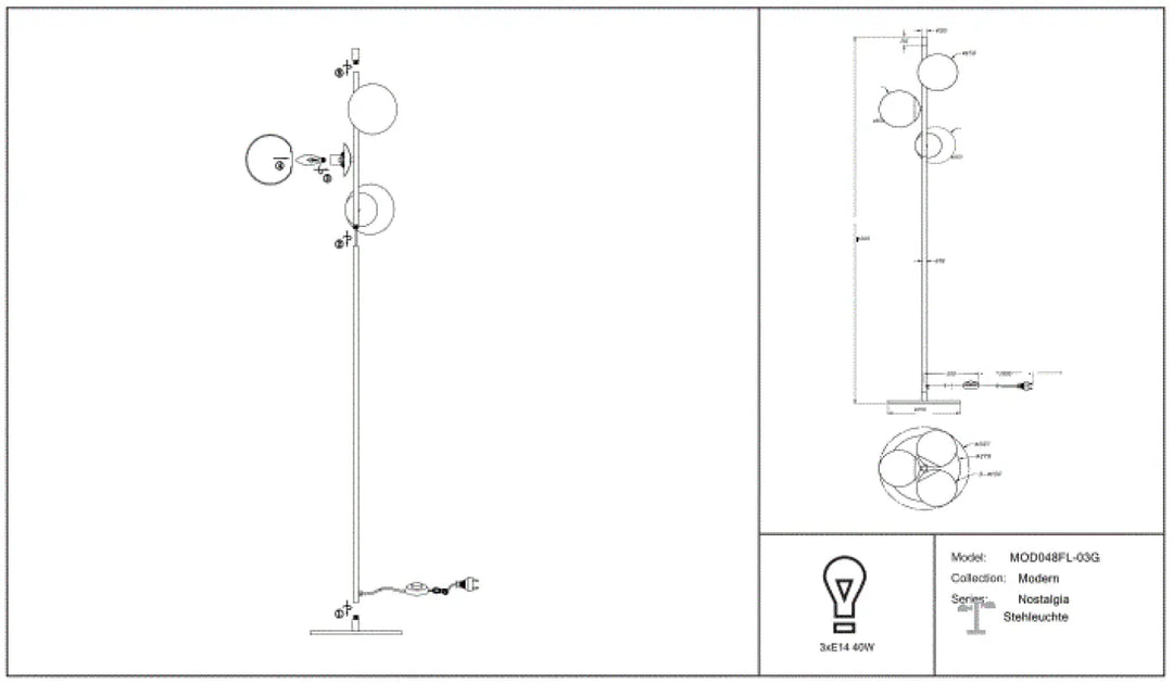 Lampadaire nostalgia avec trois globes en verre opalin et structure en acier noir pour intérieur moderne