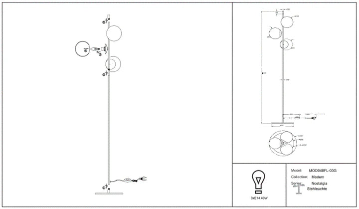 Lampadaire nostalgia avec trois globes en verre opalin et structure en acier noir pour intérieur moderne
