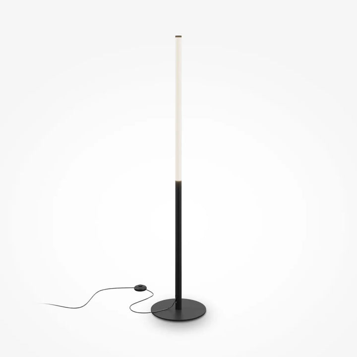 Lampadaire ray tube lumineux avec base et tige en acier noir et tube lumineux cylindrique blanc éclaire vers le haut