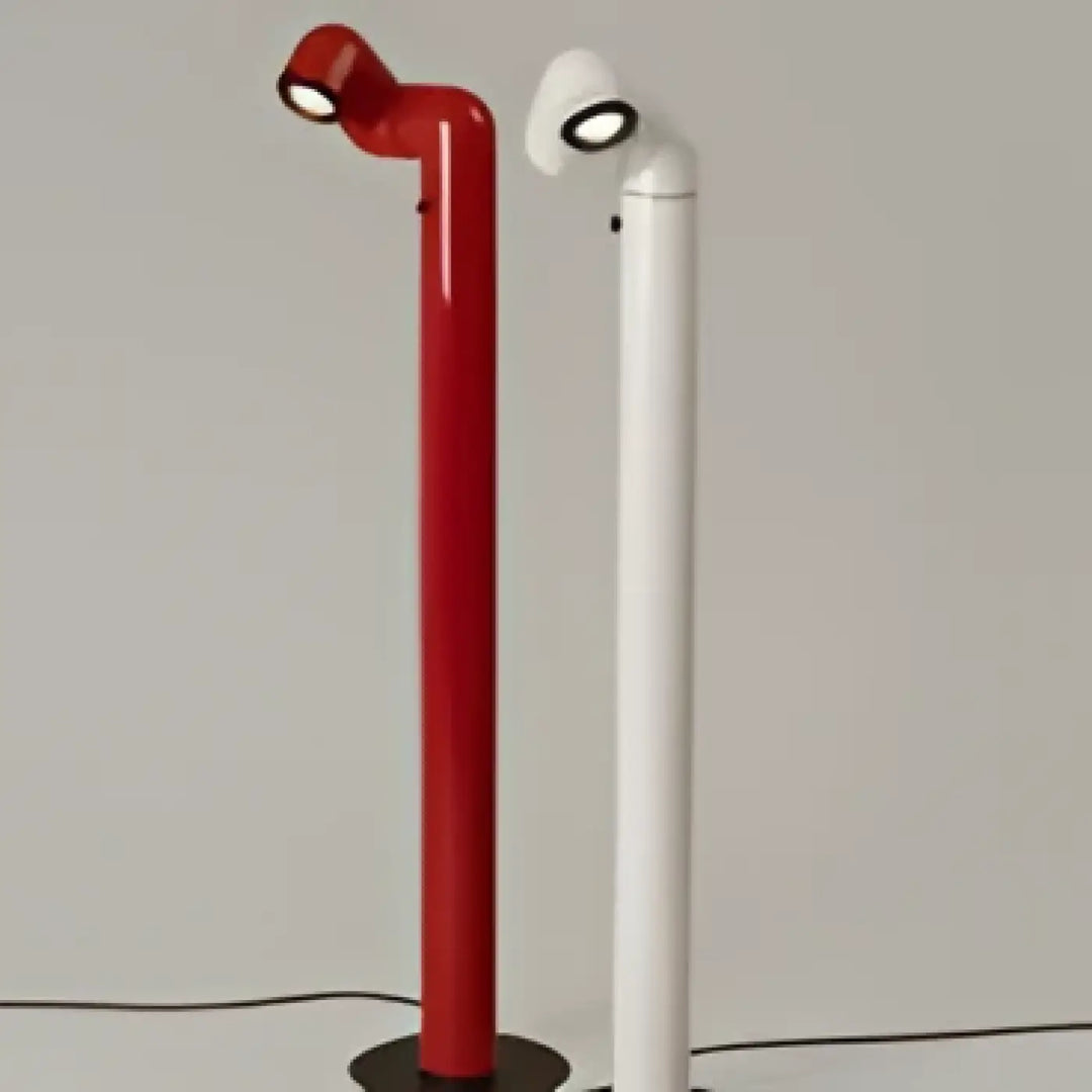 Lampadaire rétro futuriste kalia avec bras courbés et luminaires circulaires rouges et blancs design moderne