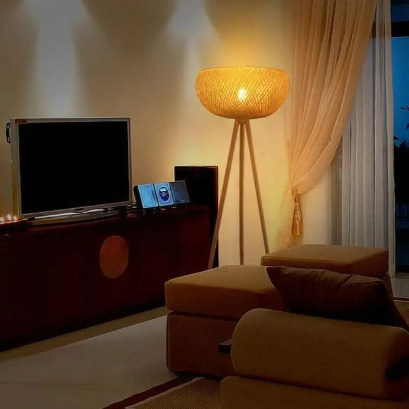 Lampadaire En Rotin Beige À Forme Calebasse Bambou Bois