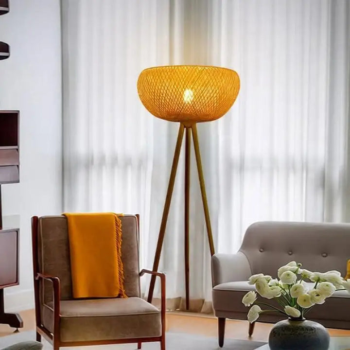 Lampadaire En Rotin Beige À Forme Calebasse Bambou Bois