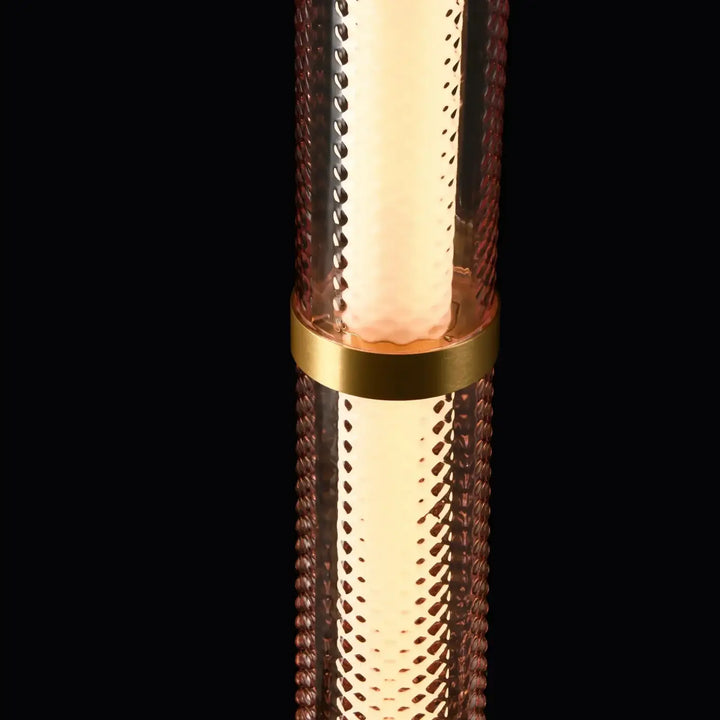 Lampadaire tiffany moderne en verre ambre translucide avec motifs perforés et bandes en laiton poli rose spinelle