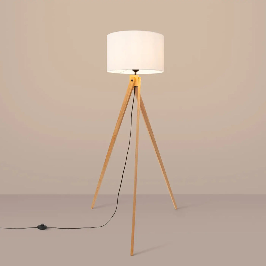 Lampadaire bois blanc/naturel allumé
