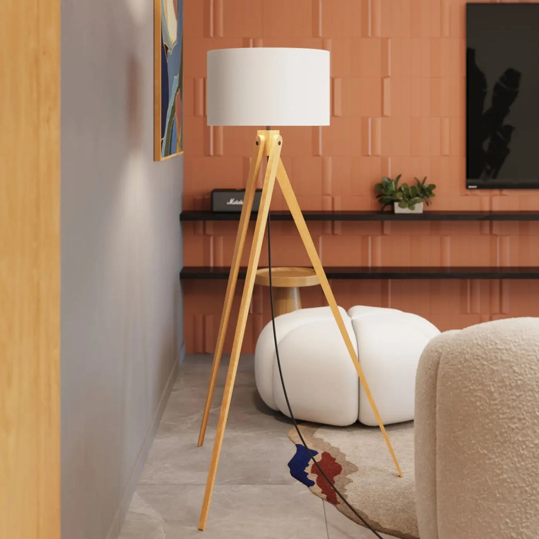 Lampadaire bois blanc/naturel vue rapprochée dans son décor