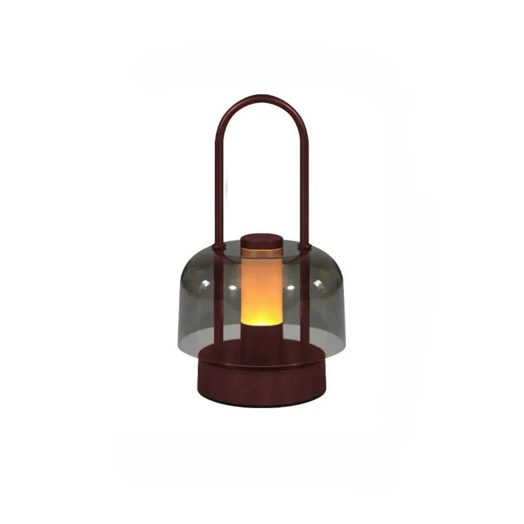 Lampe de table Cristo avec cadre en métal rouge foncé et dôme en verre gris translucide, lumière led ambre pour night light