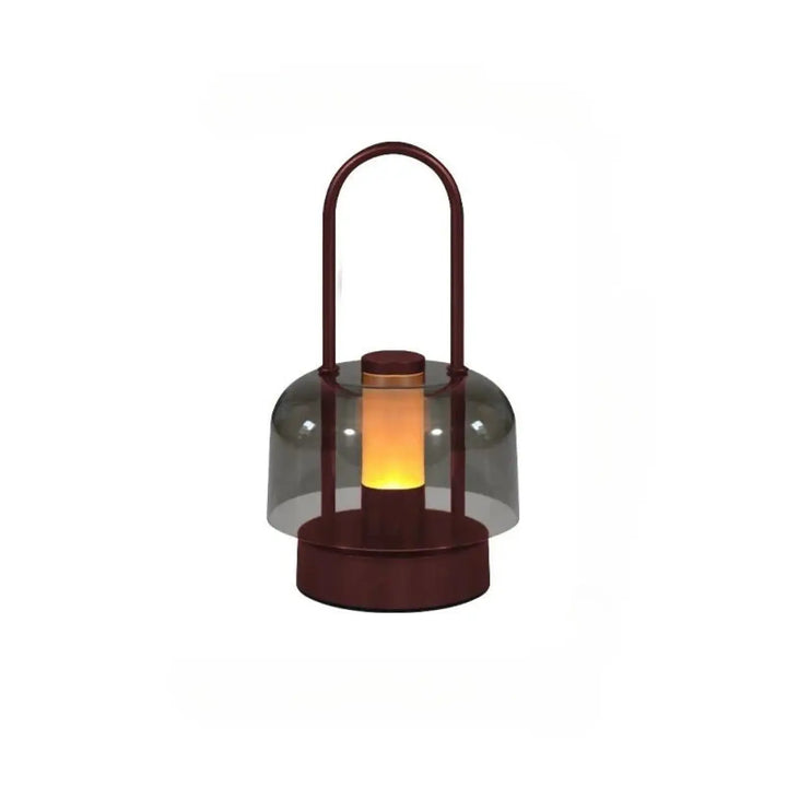 Lampe de table Cristo avec cadre en métal rouge foncé et dôme en verre gris translucide, lumière led ambre pour night light
