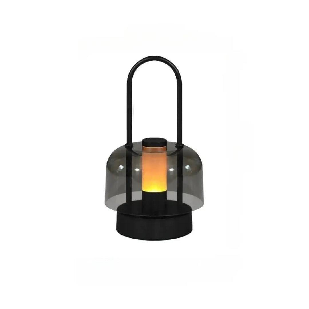 Lampe de table cristo style lanterne noire avec dôme en verre gris translucide et lumière led ambre chaude pour veilleuse