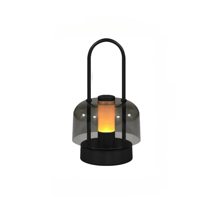 Lampe de table cristo style lanterne noire avec dôme en verre gris translucide et lumière led ambre chaude pour veilleuse