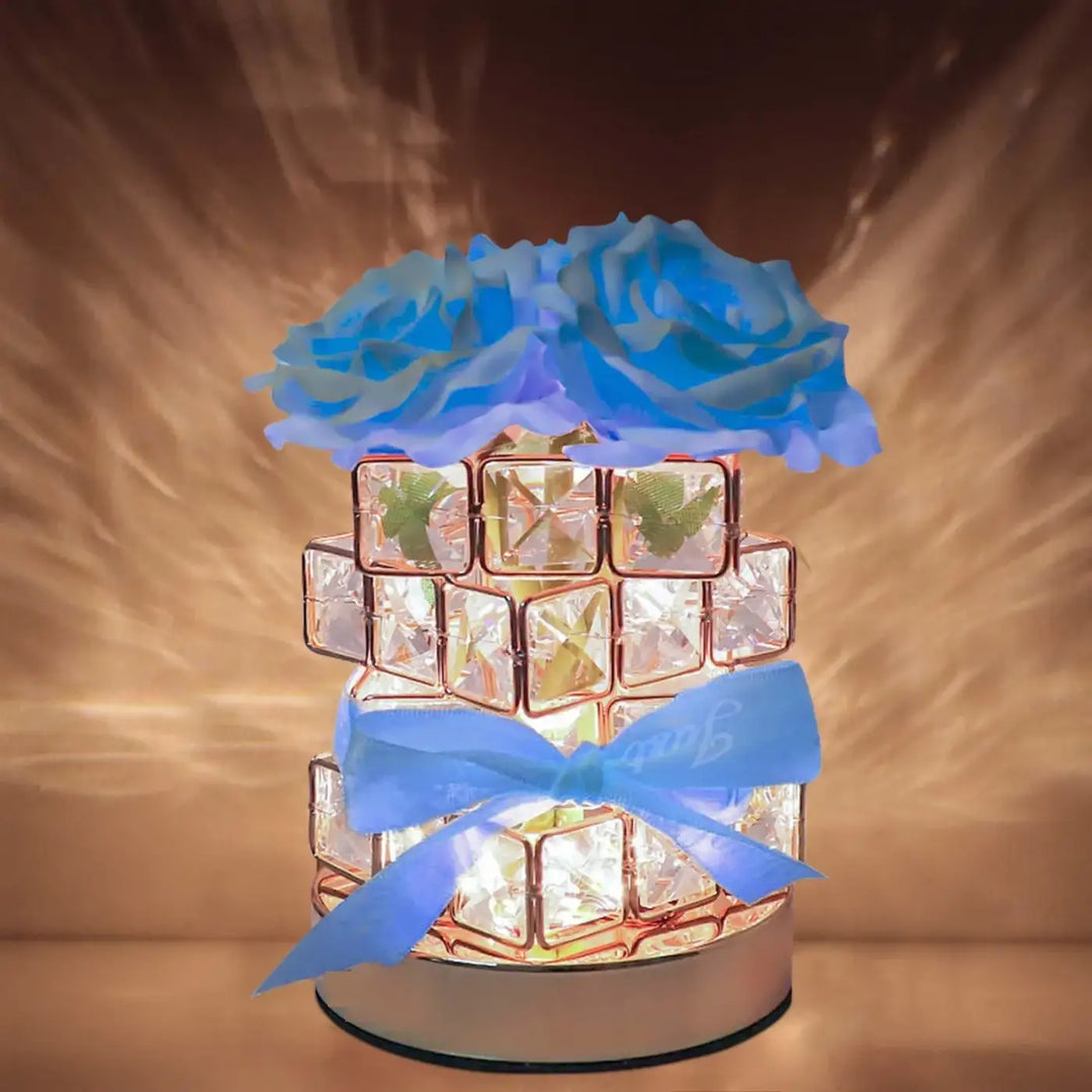 Lampe de chevet cryrosia à lumière douce avec design floral, cubes illuminés et accents rose gold, décorée d’un nœud satin bleu