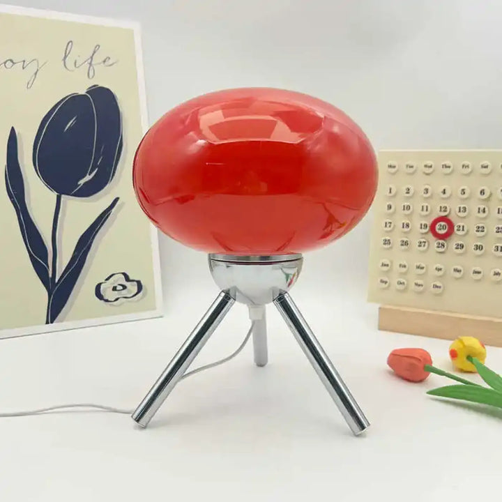 Lampe de chevet champignon rétro rouge brillant en forme dœuf avec base tripode chromée pour décor chevet champignon