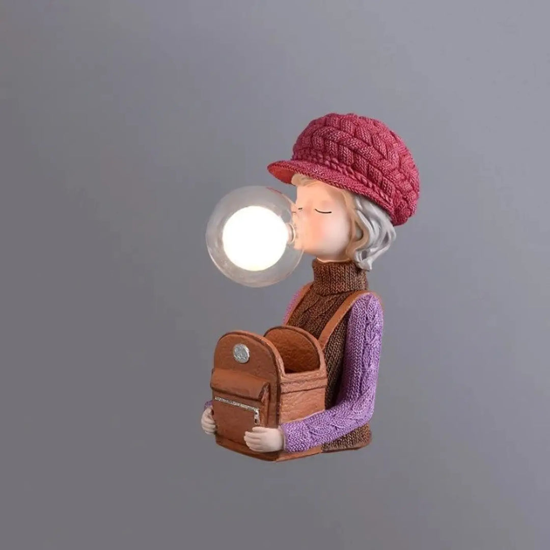 Lampe de chevet tiloux avec figurine en résine bonnet lapin rouge et globe lumineux dans une bulle translucide