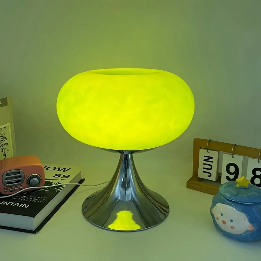 Lampe de chevet jupi en forme de champignon jaune lumineux avec base chrome design vintage pour décoration intérieure