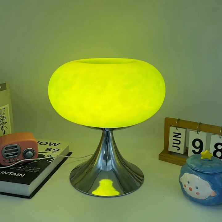 Lampe de chevet jupi en forme de champignon jaune lumineux avec base chrome design vintage pour décoration intérieure