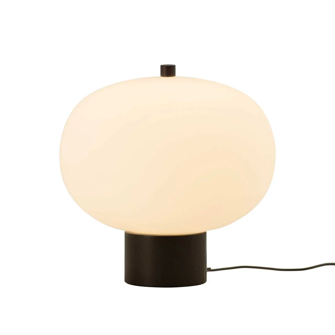 Lampe à poser Ilargi en verre soufflé sur socle en bois foncé #couleur_bois_fonce