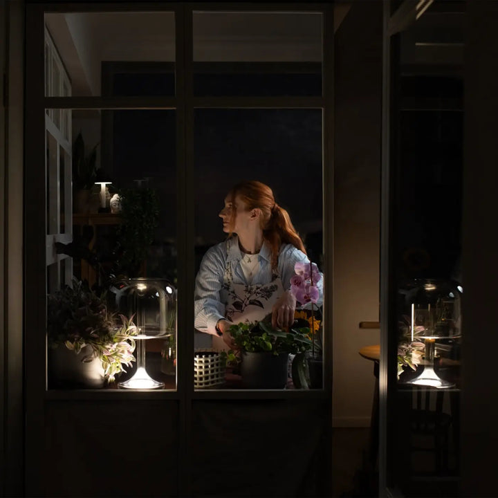 Une femme près de plantes sous une lampe de chevet lampe spirito avec socle vertical et verre gris