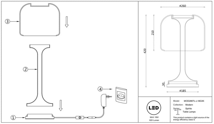 Lampe spirito de chevet avec design minimaliste, socle vertical et verre gris élégant en silhouette courbée