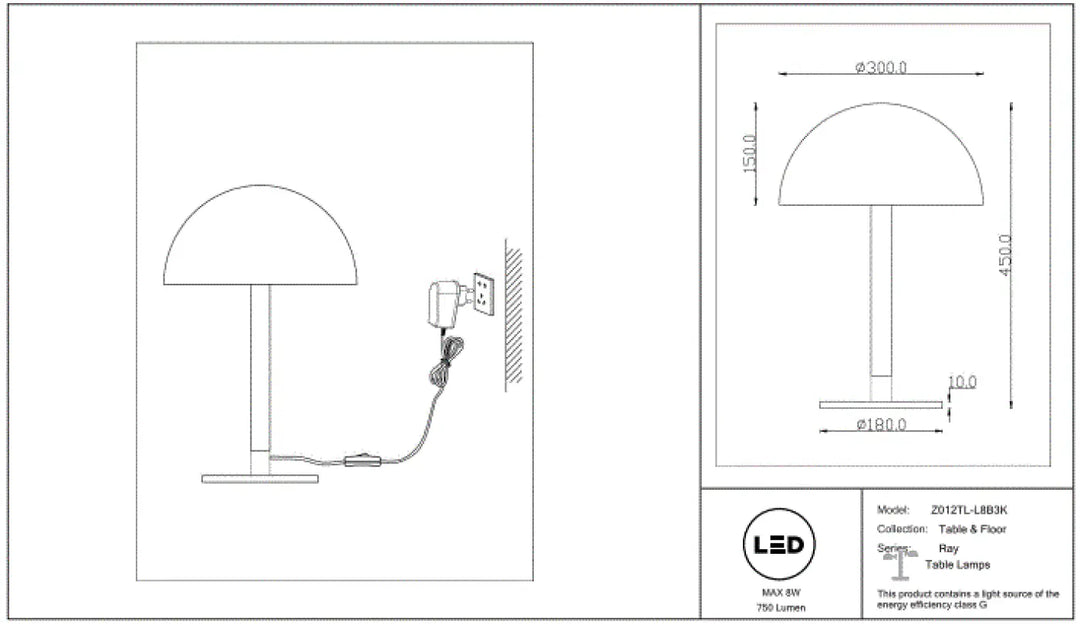 Lampe de chevet led z012tl-l8b3k avec tube courbé en acier noir et abat-jour en forme de dôme ray