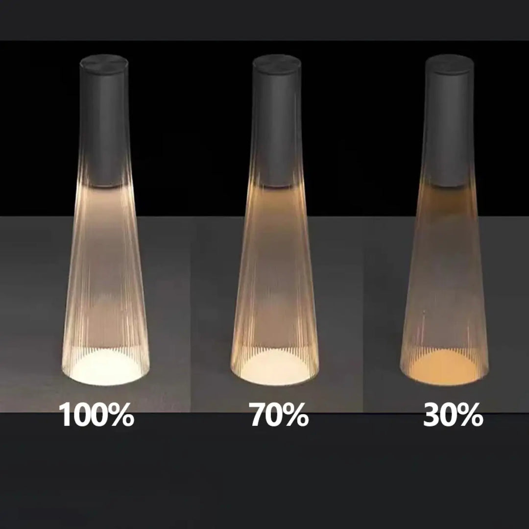 Lampe de chevet acyr en verre moderne avec dessus noir émettant différentes intensités de lumière chaude style épuré