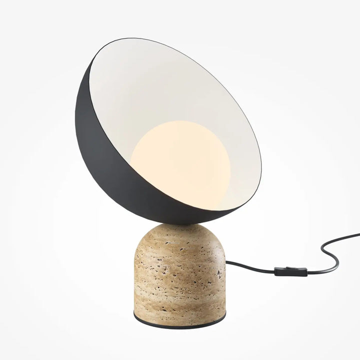 Lampe de chevet tavo avec base minérale en liège beige et abat-jour conique noir et blanc en acier noir moderne