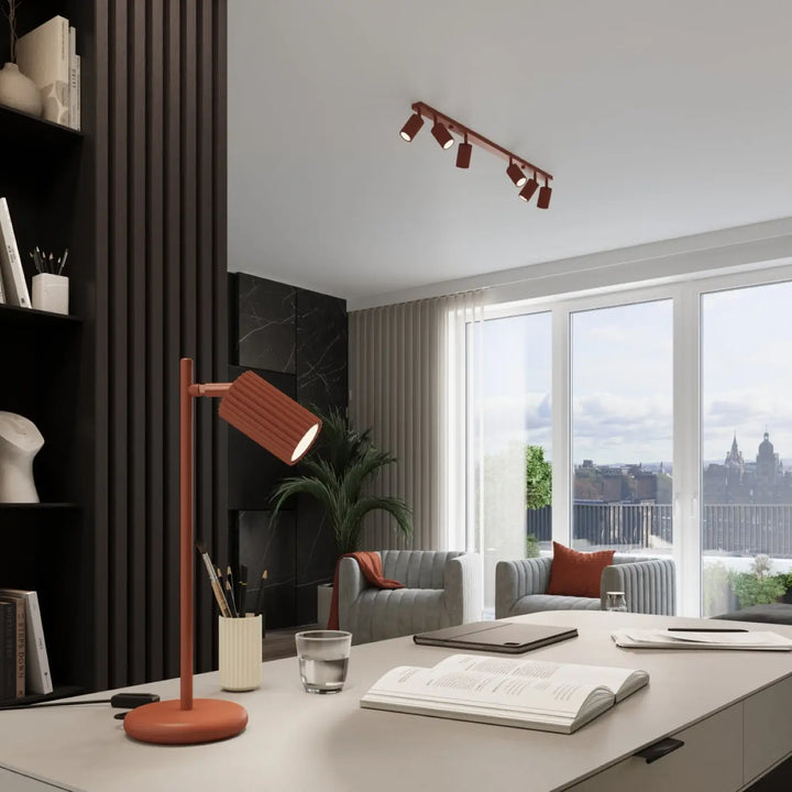 Lampe a poser karbon rouge ocre en céramique rustique avec abat-jour cylindrique et ampoules gu10 interchangeables style minimalisme