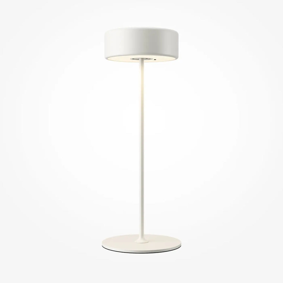Lampe de chevet blanche cylindrique avec design épuré et pied aluminium disponible en trois finitions pour salle à manger