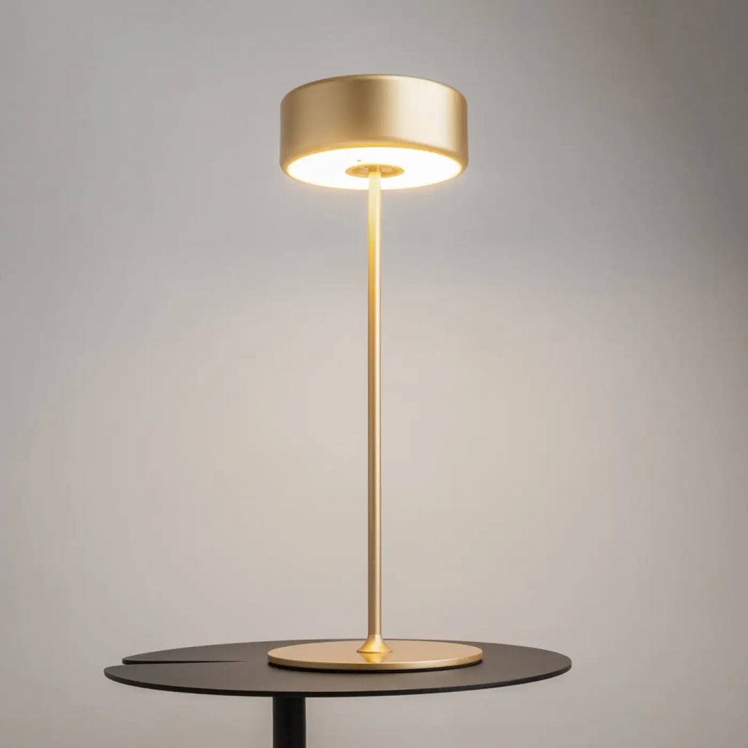 Lampe de chevet design épuré en aluminium brossé doré avec abat-jour circulaire idéale pour salle à manger disponible en trois finitions