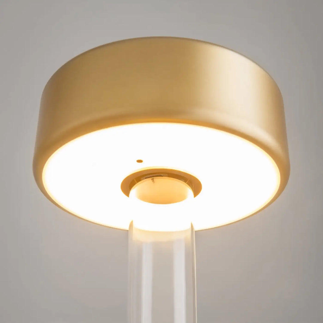 Lampe de chevet cylindre doré avec tige en verre translucide lumière led dimmable et batterie rechargeable idéale décoration florale