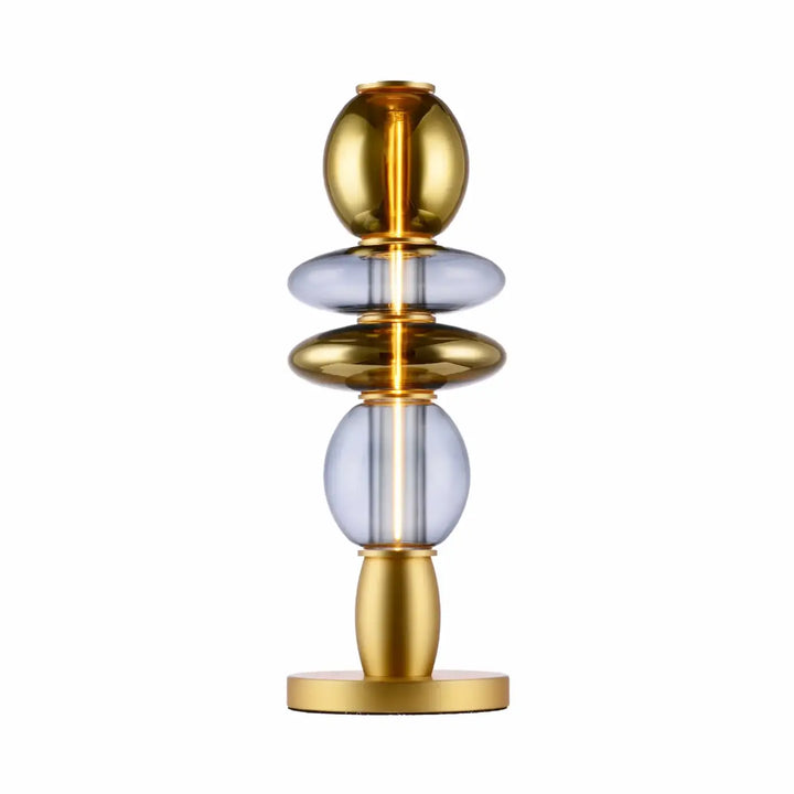 Lampe de chevet léonor avec verre soufflé sphérique empilé et éléments métalliques dorés moderne