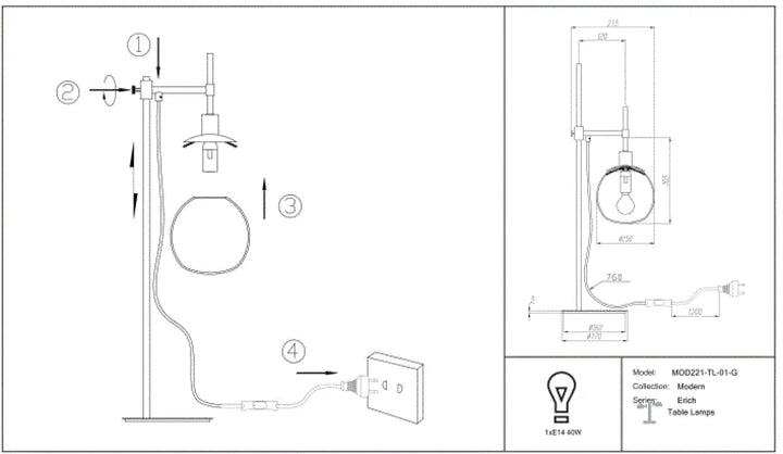 Lampe de chevet erich globe orientable avec bras ajustable et abat-jour en verre soufflé pour lumière douce