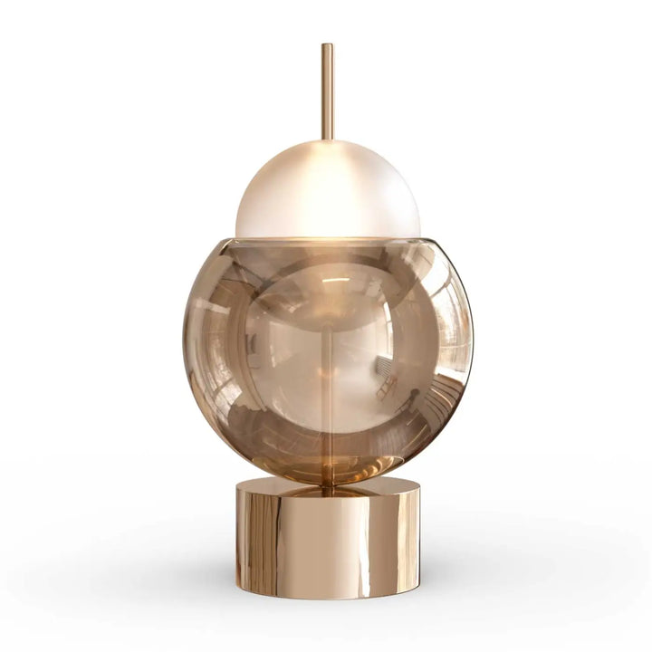Lampe à poser galileo moderne avec base dorée brossée, corps sphère en verre fumé et abat-jour blanc givré
