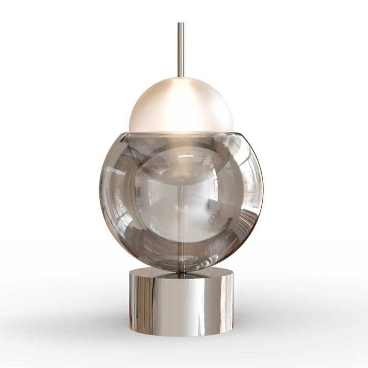 Lampe à poser galileo moderne avec dôme en verre dépoli, sphère en verre fumé et base chrome poli