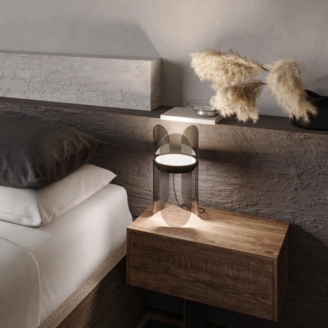 Lampe de chevet insight lampe à poser avec corps en verre fumé et diffuseur arrondi blanc moderne et minimaliste