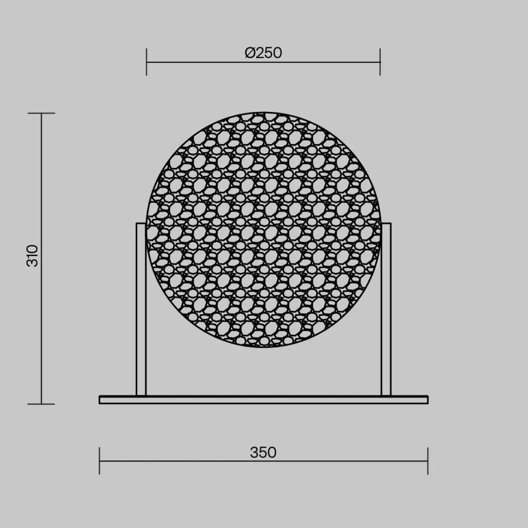 Lampe à poser avec verre martelé et structure argentée ornée d écran décoratif circulaire en noir et blanc
