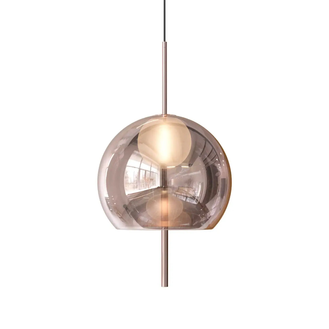 Lampe suspendue galileo avec globe en verre fumé sphérique et tige métallique polie élégante