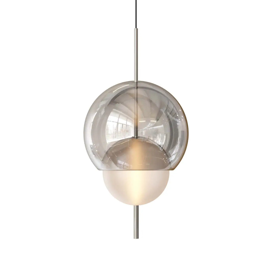 Lampe suspendue Galileo avec globe supérieur en verre fumé translucide et globe inférieur opalin suspendue par tige métallique