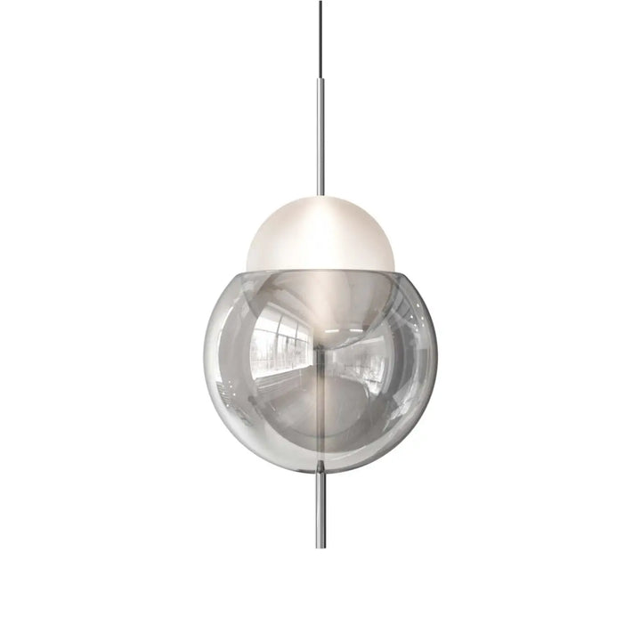 Lampe suspendue galileo avec tige chrome et deux globes en verre opaque blanc et fumé réfléchissant suspendue galileo