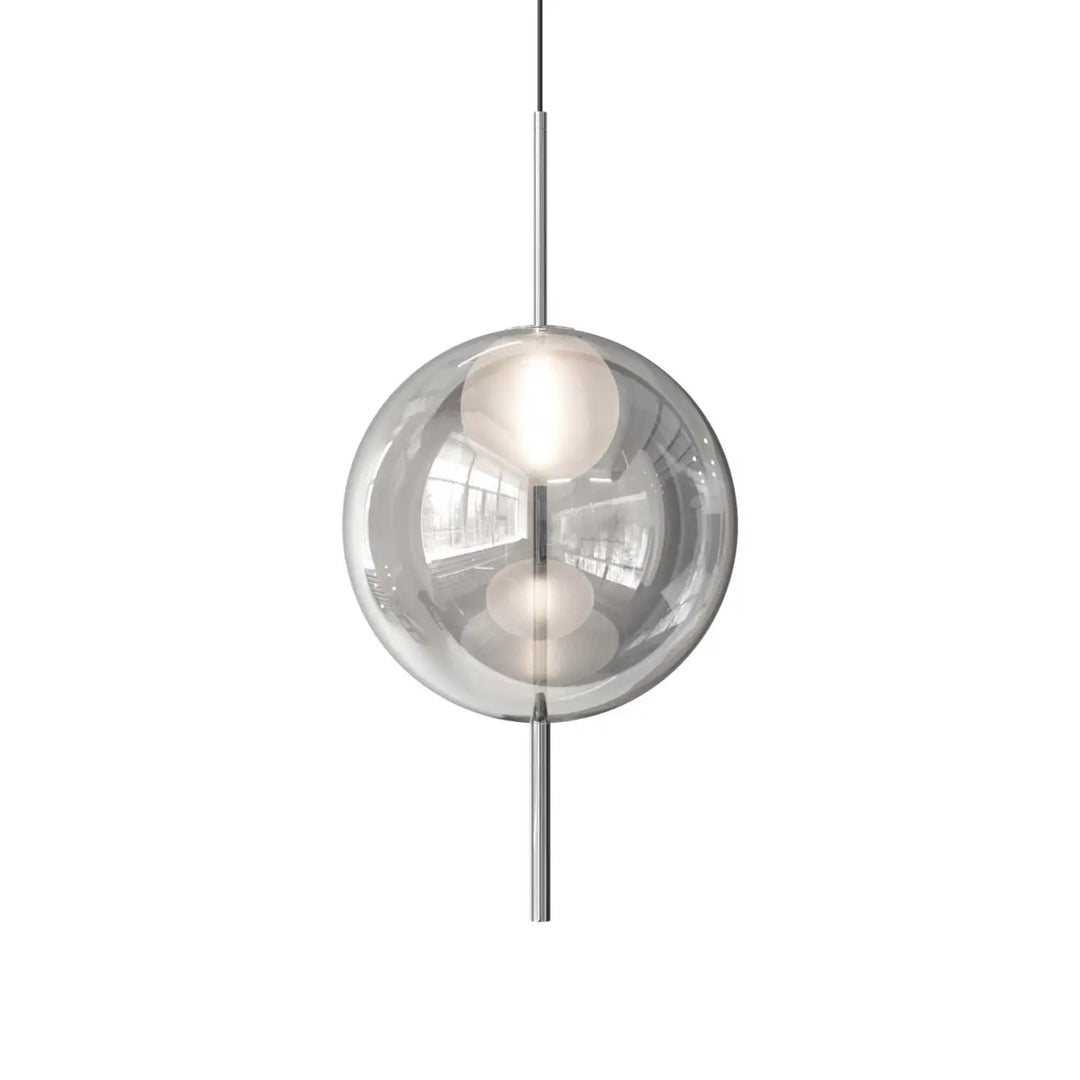 Lampe suspendue galileo moderne avec globe en verre transparent et deux ampoules chaudes suspendue par tiges chrome