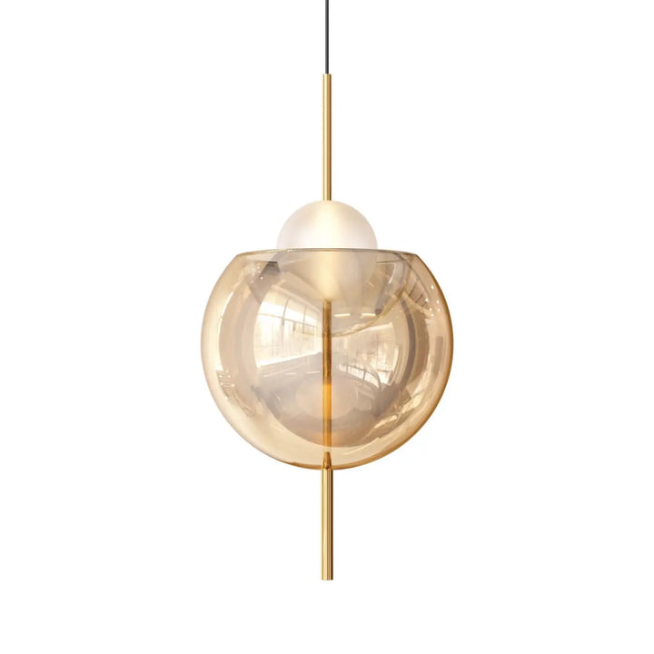 Lampe suspendue galileo avec globe en verre ambré translucide, tige en laiton poli et ampoule sphérique blanche intérieure