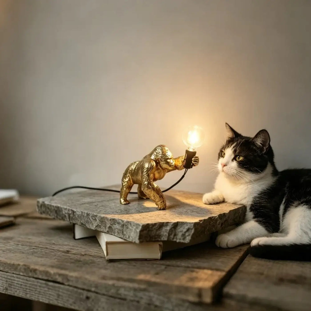 Lampe de table gorenzo avec figurine de gorille dorée tenant une ampoule lumineuse table artistique gorille