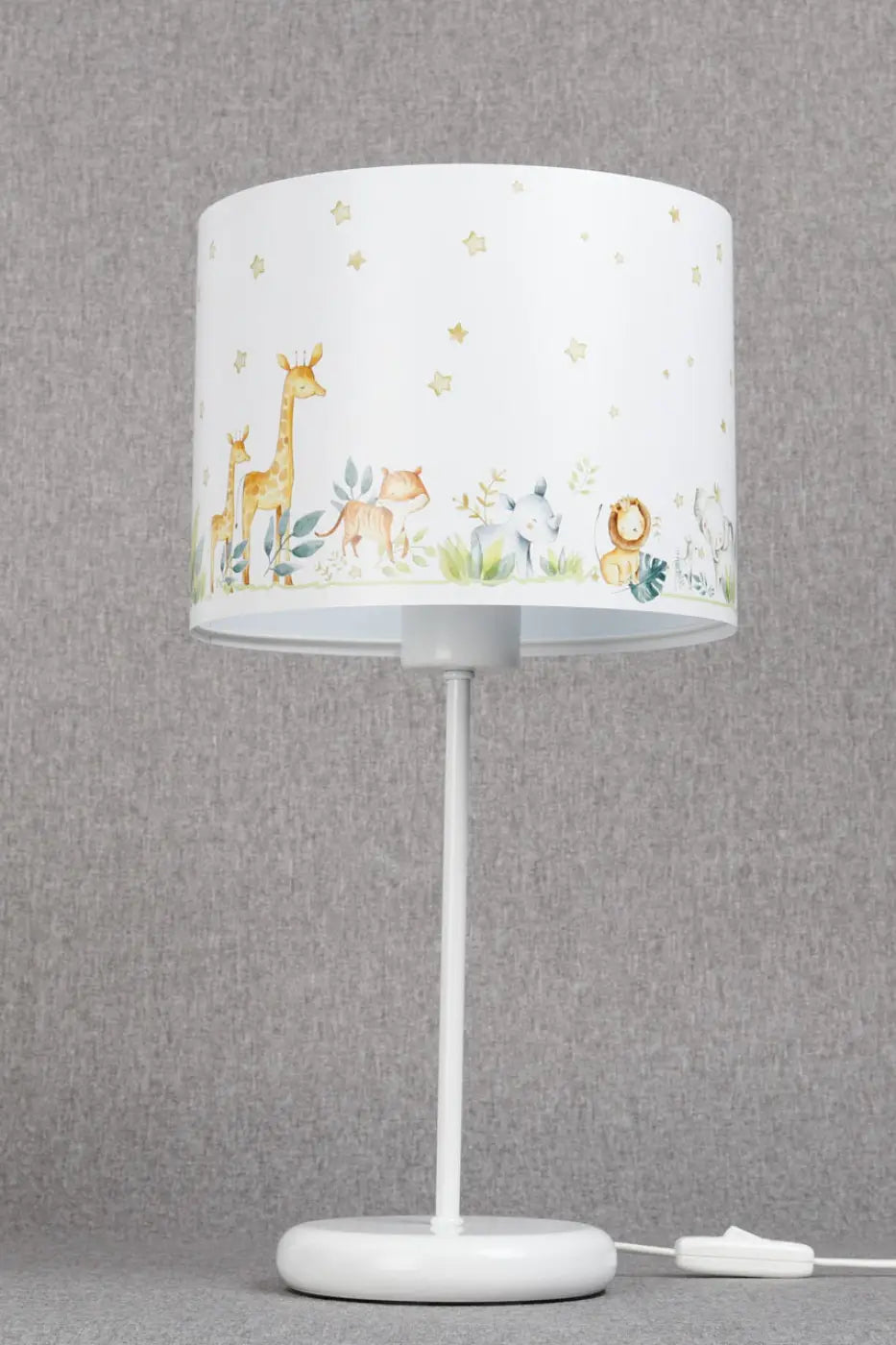 Lampe de table sweet dreams jaune aux animaux avec abat-jour blanc, illustration safari et étoiles dorées pour lumière douce