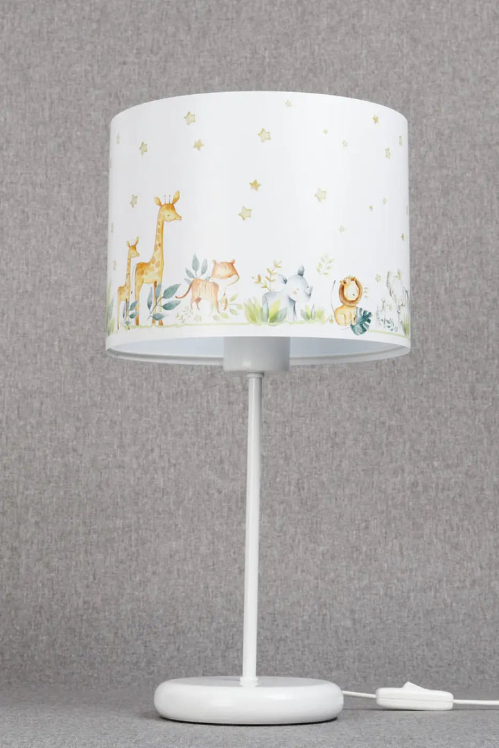 Lampe de table sweet dreams jaune aux animaux avec abat-jour blanc, illustration safari et étoiles dorées pour lumière douce