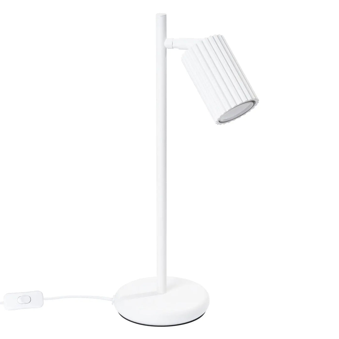 Lampe a poser karbon blanc avec design minimaliste, base cylindrique et tête ajustable à ampoules gu10 interchangeables